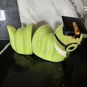 Vintage lime Green Ceramic Bookworm book ends with Graduation Cap